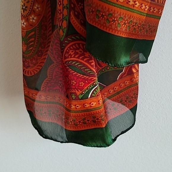Chiffon & Satin Scarf Paisley Green Red Golds Sheer Light Lovely Classic - Picture 6 of 6